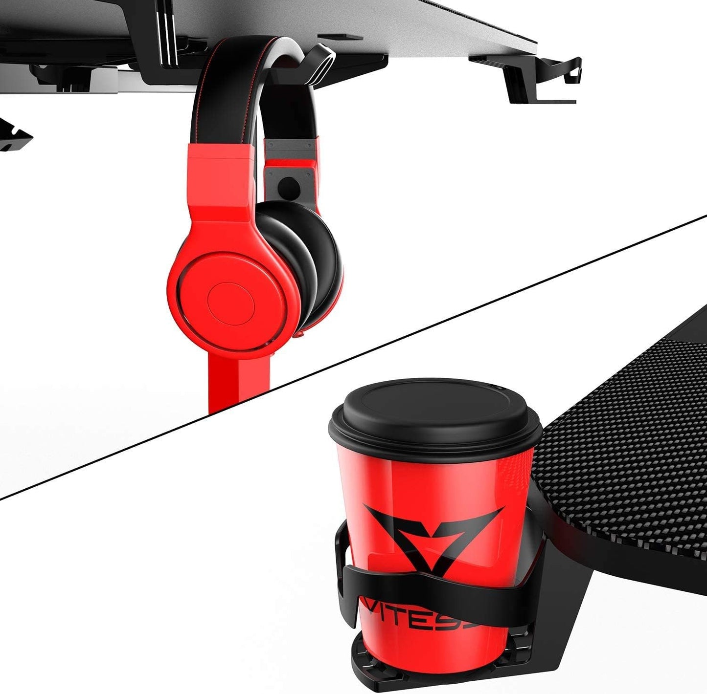 Gaming Desk 63 Inch, Ergonomic Gamer Computer Desk with Mouse Pad, PC Gaming Tables with Gaming Handle Rack, Cup Holder Headphone Hook